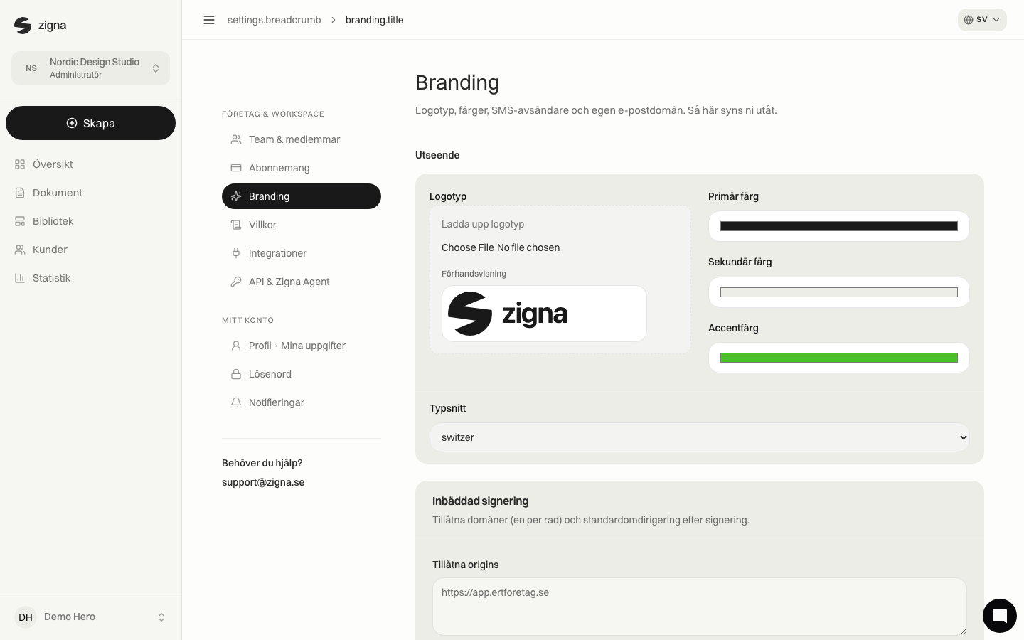 Zigna branding settings with logo and colors
