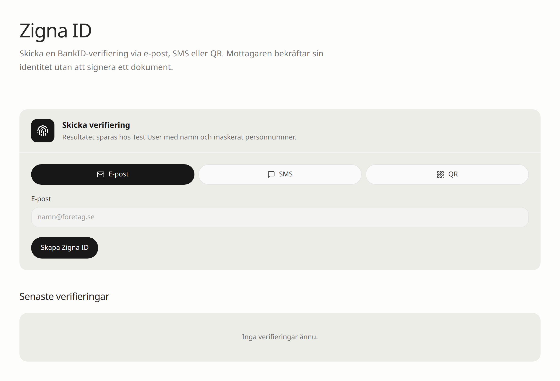 Zigna ID i appen: skicka BankID-verifiering via e-post, SMS eller QR