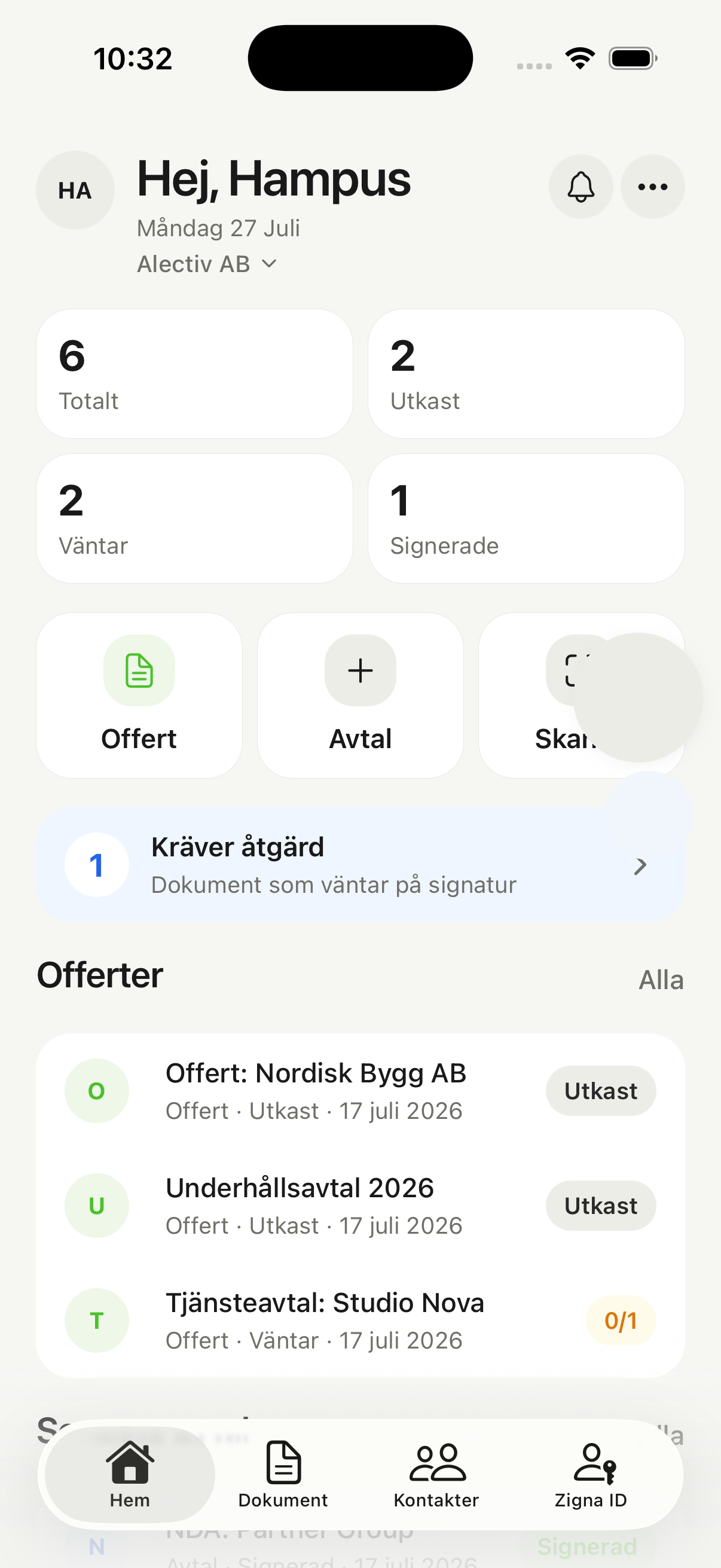 Zigna-appen: översikt med offerter, avtal och status