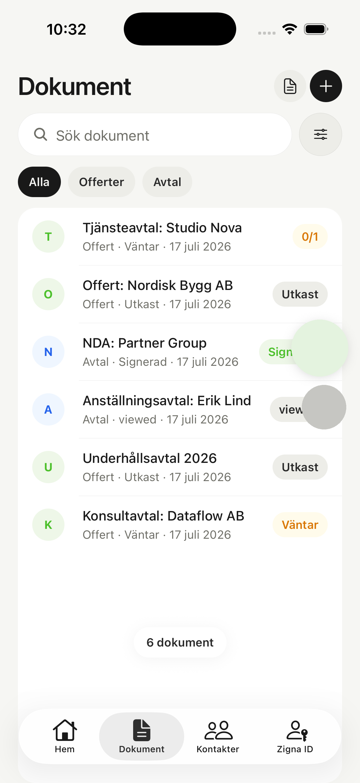 Dokumentlistan i Zigna-appen med filter och status